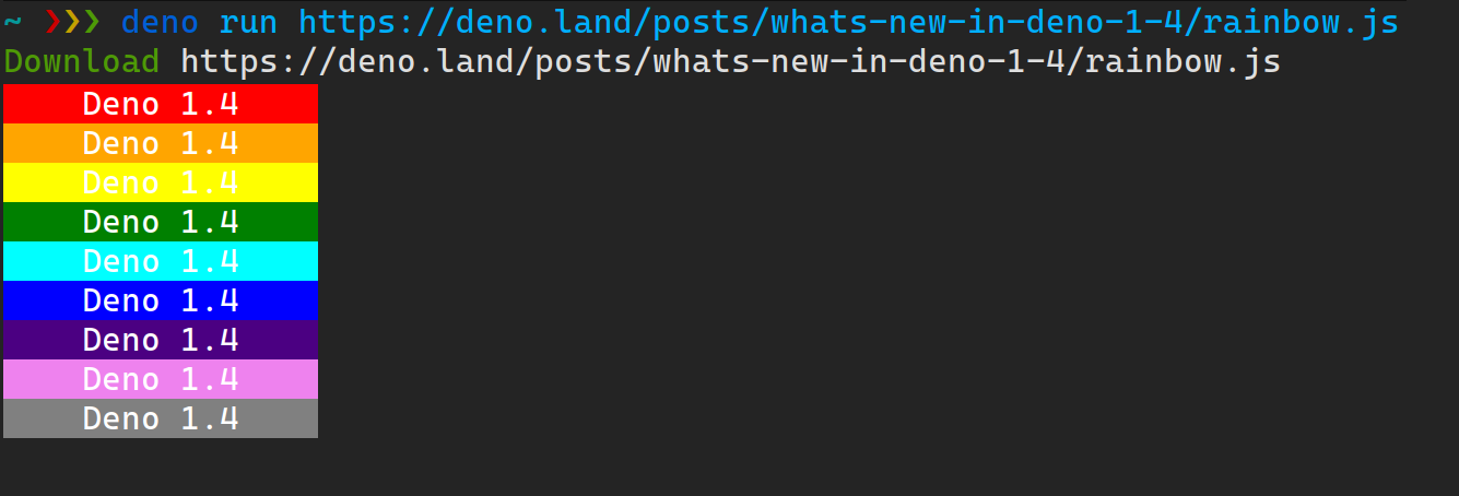 a screenshot of running `deno run https://deno.land/posts/v1.4/rainbow.js`, which prints a rainbow with Deno 1.4 written on it to the console